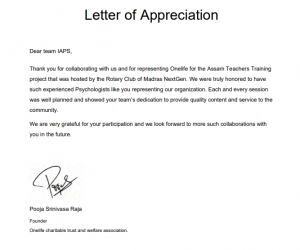 IAPS Letter of Appreciation one life