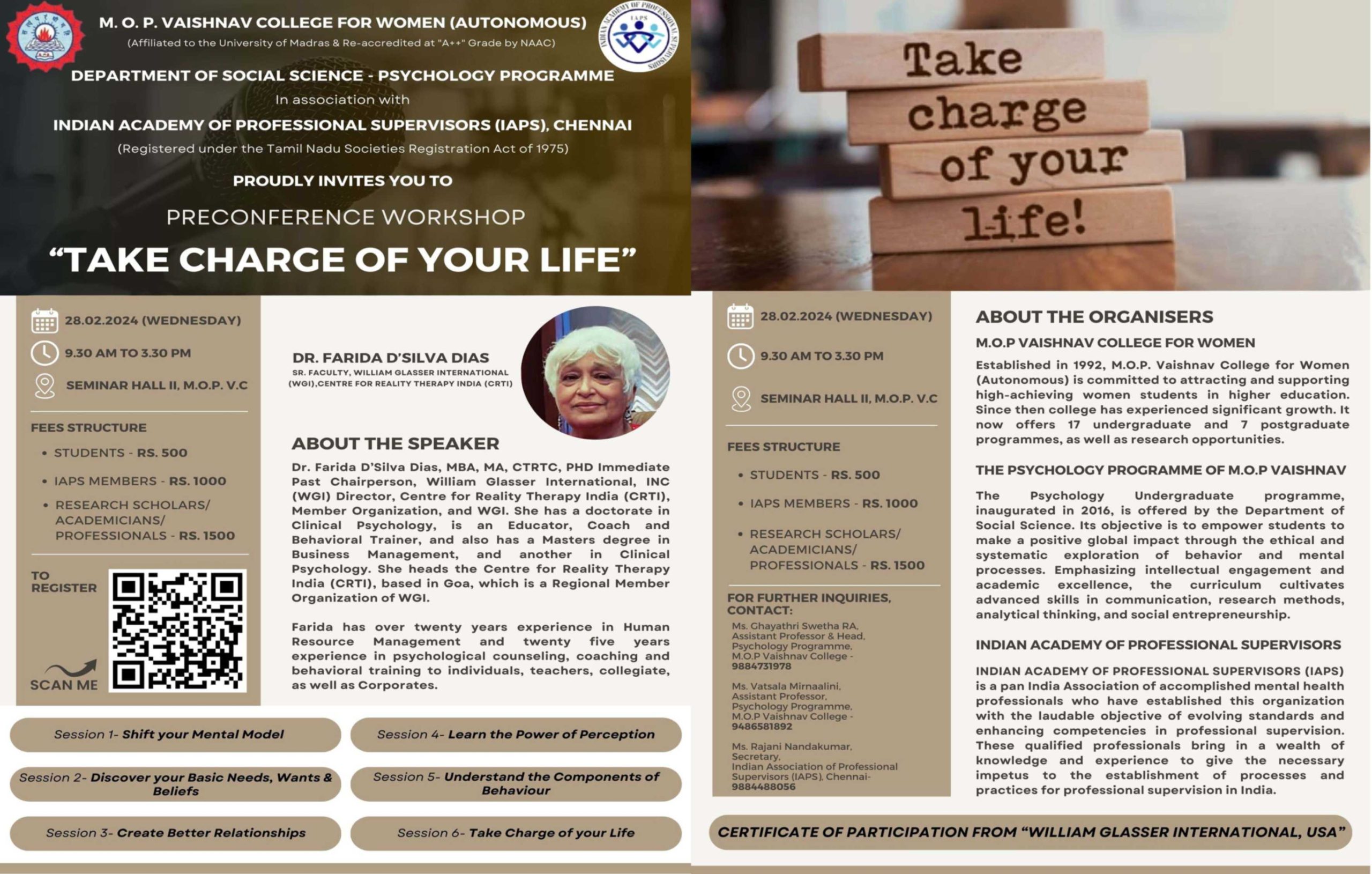 Pre conference workshop "Take charge of your life " on 28.02.2024 from 9:30 AM to 3:30 PM .